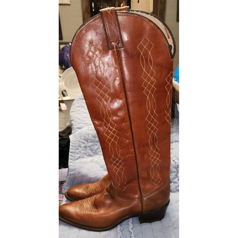Vintage Women's Cognac Brown Leather Wrangler Tall Cowboy Boots Size 8 N 1970s